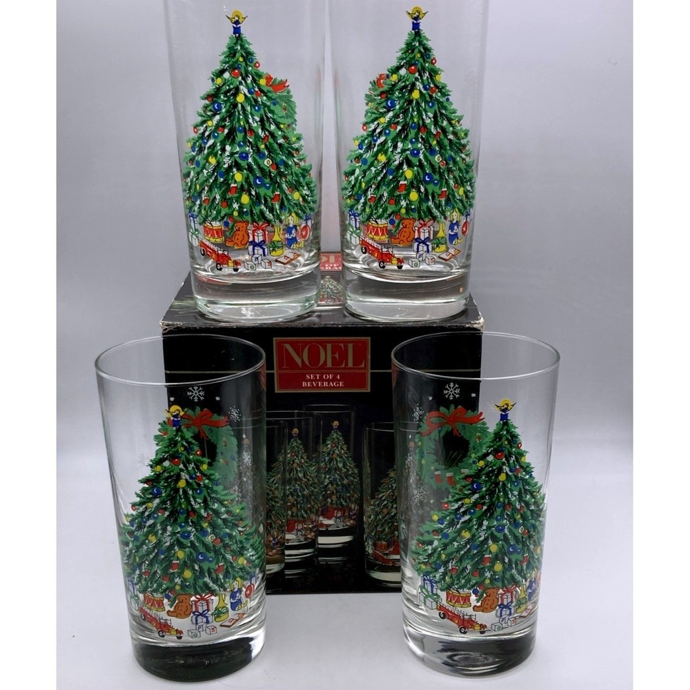 4 Vintage House of Salem Noel Christmas Drinking Glasses   Tree/Wreath Design